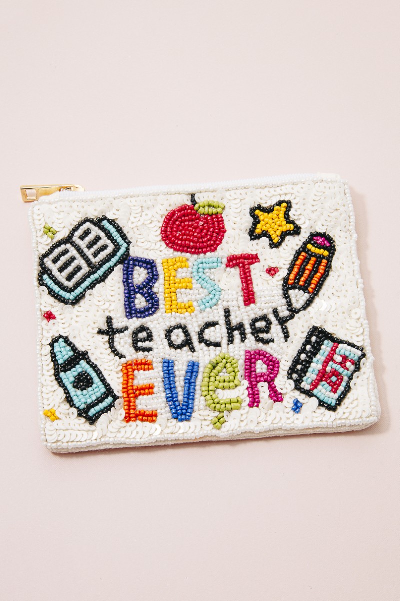 Best Teacher Ever Seed And Sequin Beaded Coin Purse