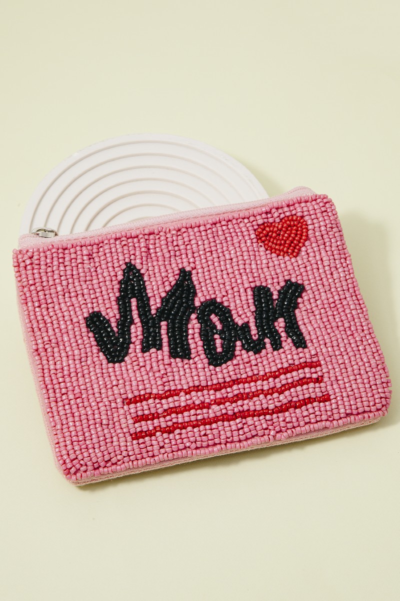 Mom And Heart Seed Beaded Coin Purse