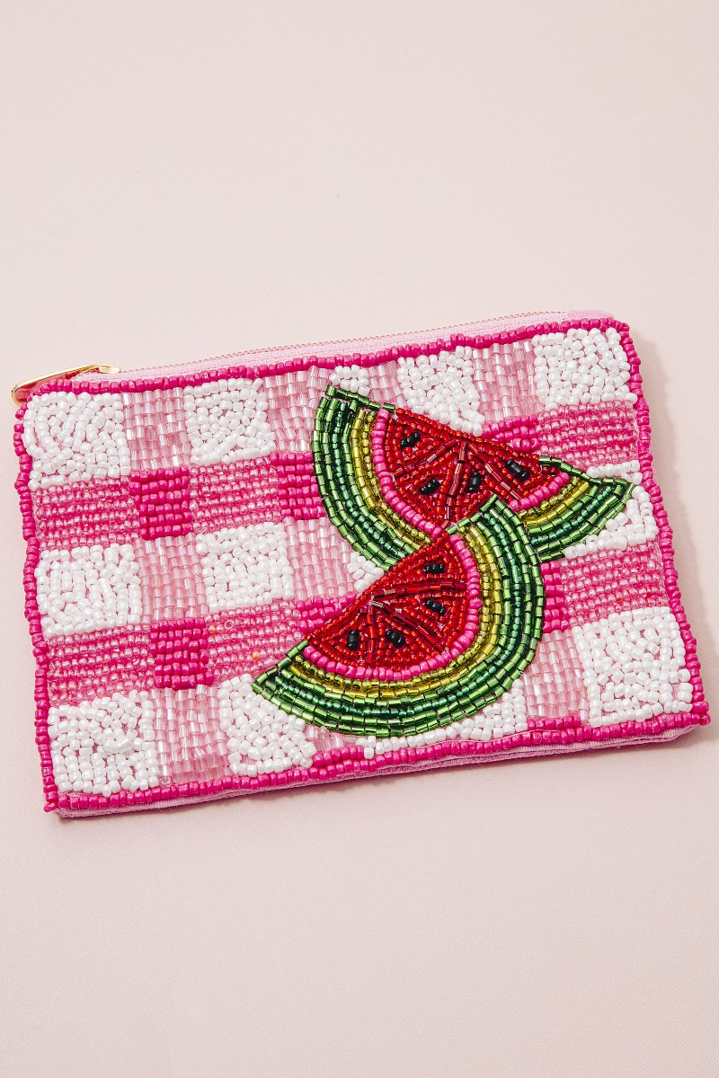 Watermelon Plaid Seed Beaded Coin Purse