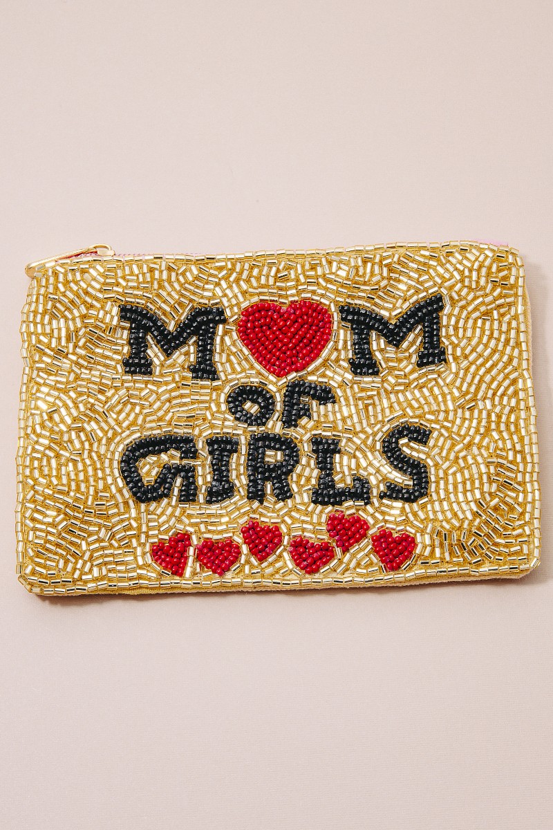 Mom Of Girls Hearts Seed Beaded Coin Purse