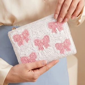 Pink Pearl Bead Ribbon Bow Mixed Beaded Coin Purse