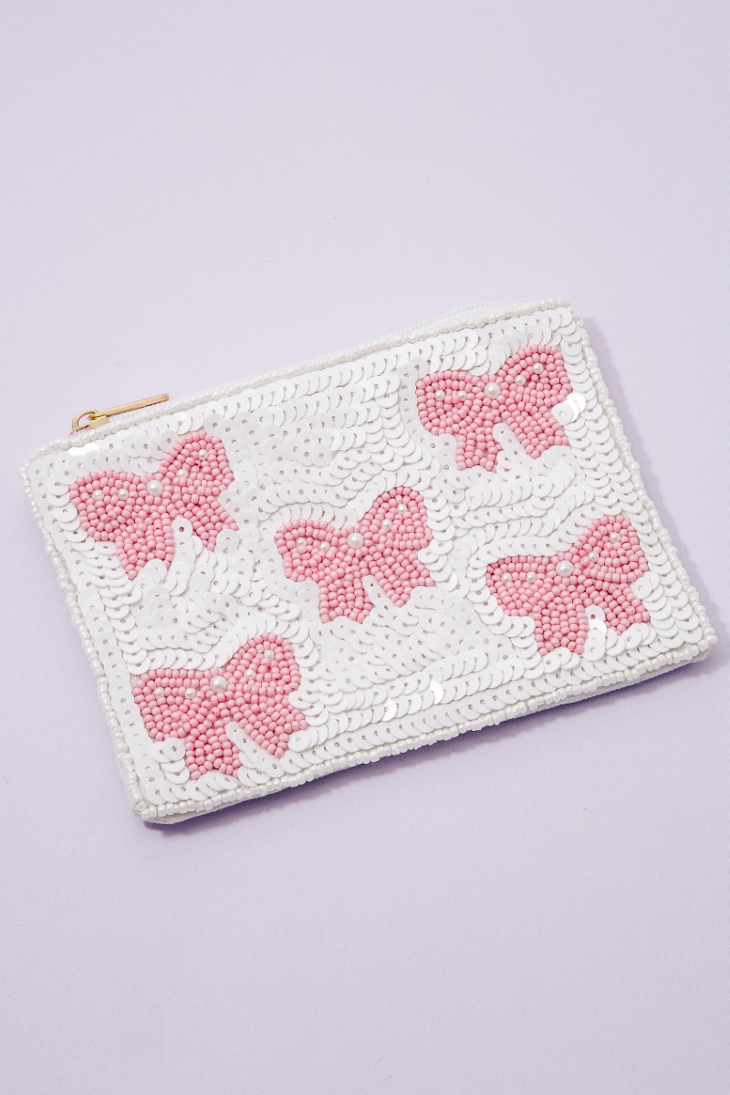 Pink Pearl Bead Ribbon Bow Mixed Beaded Coin Purse
