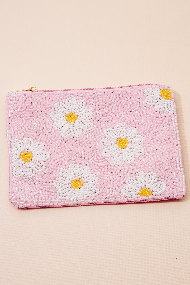 Daisy Flowers Pink Seed Beaded Coin Purse
