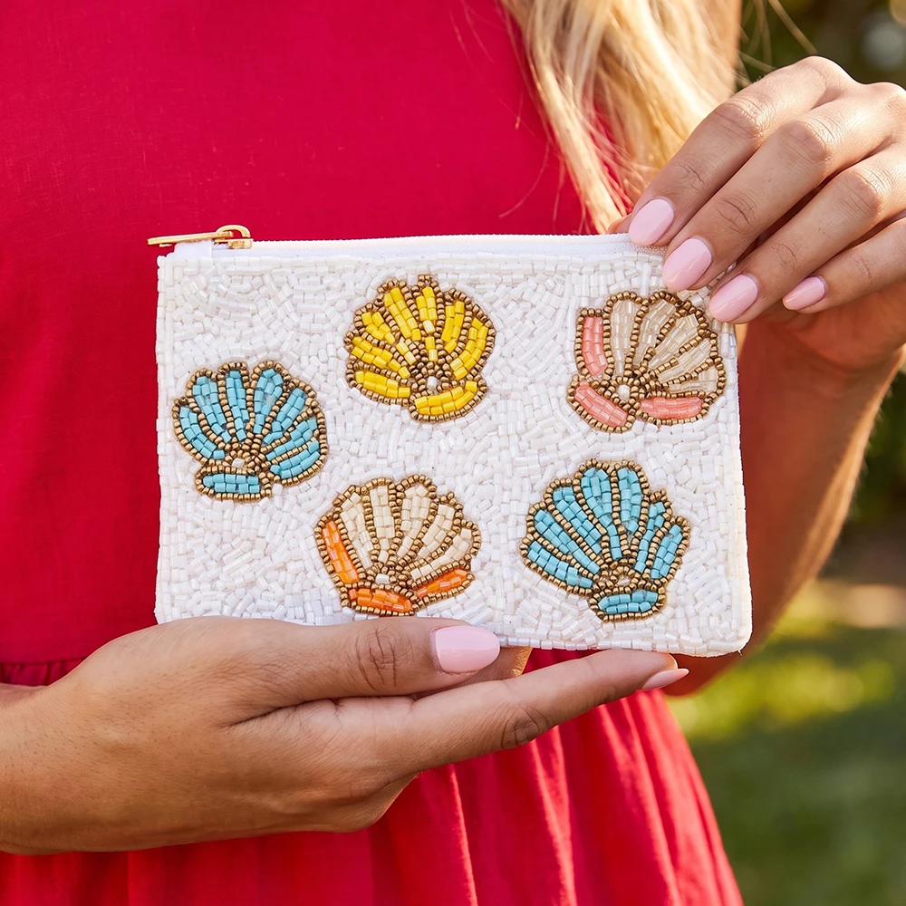 Beaded Seashell Zip Top Coin Pouch