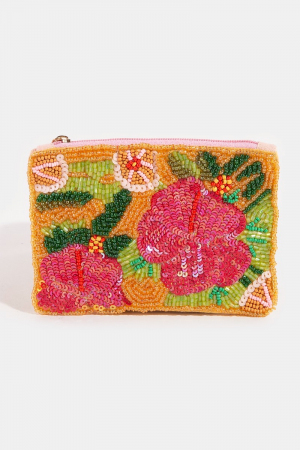 Floral Sequin And Seed Beaded Coin Purse