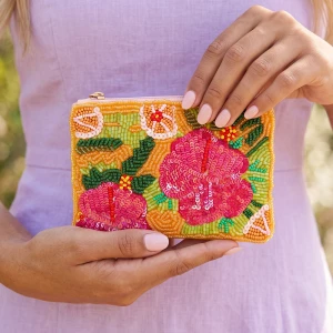 Beaded Sequin Hibiscus Flower Coin Pouch