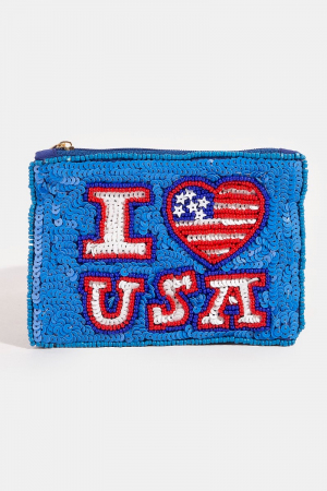 I Heart Usa Sequin Seed Beaded Coin Purse