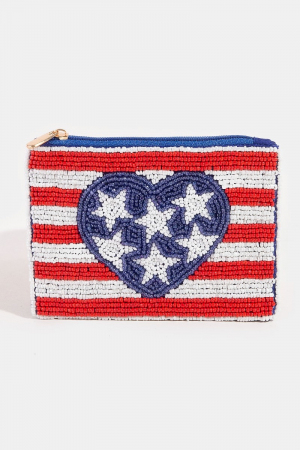 Usa Heart Stars And Stripes Seed Beaded Coin Purse