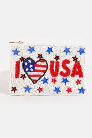 I Heart Usa Sequin Stars Seed Beaded Coin Purse
