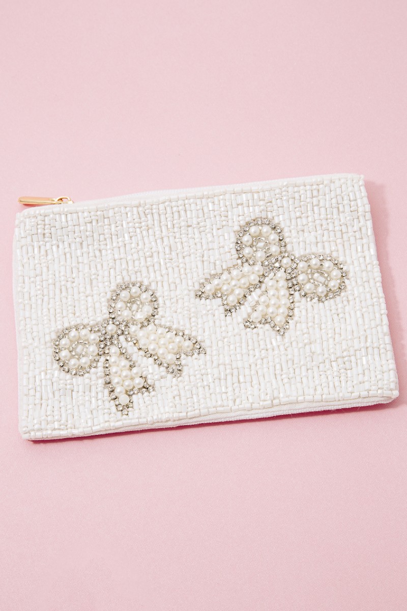 Rhinestone Pearl And Seed Beaded Ribbon Bow Coin Purse