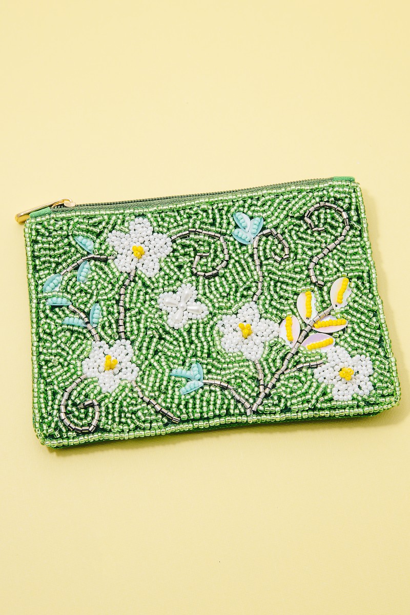 Green Floral Seed Beaded Coin Purse