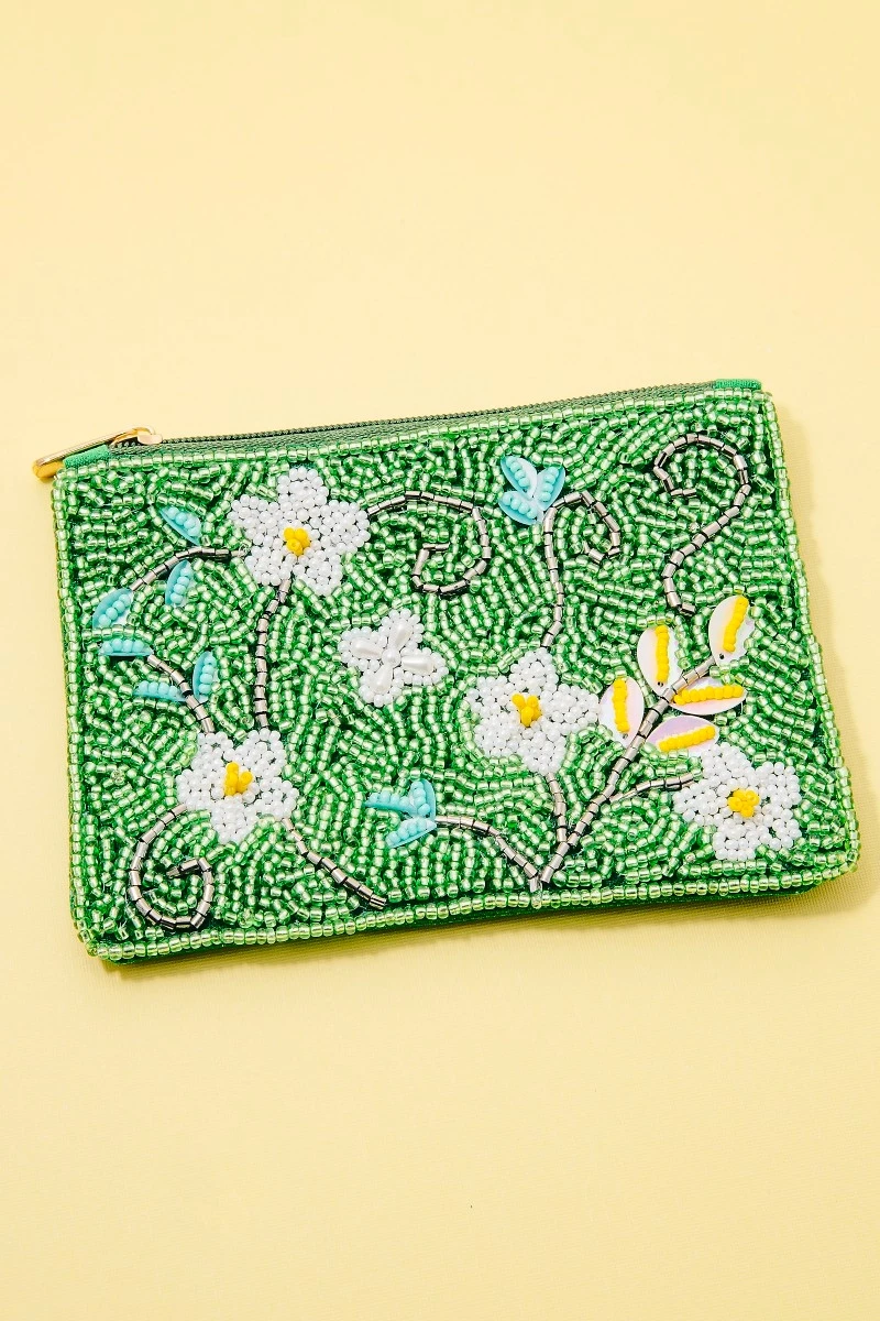 Green Floral Seed Beaded Coin Purse