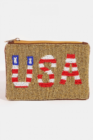Usa Theme Golden Seed Beaded Coin Purse