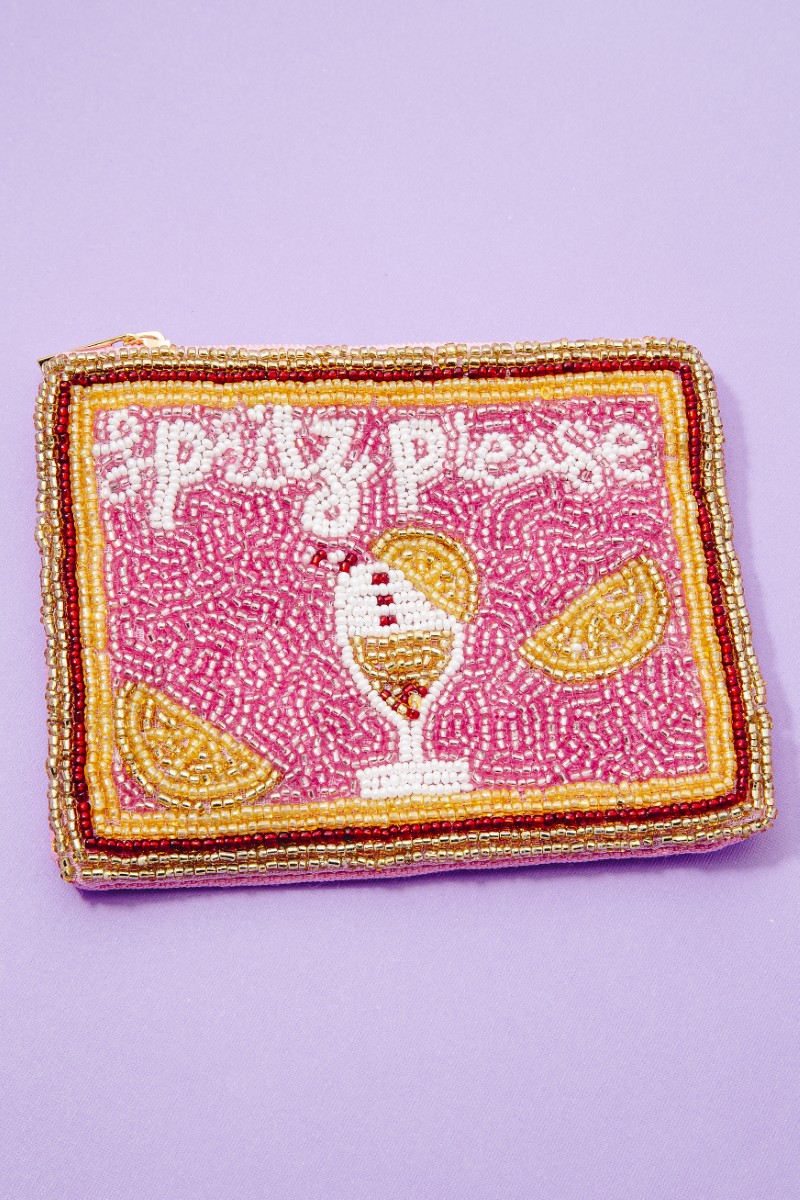 Champagne Glass And Fruit Slices Seed Beaded Coin Purse