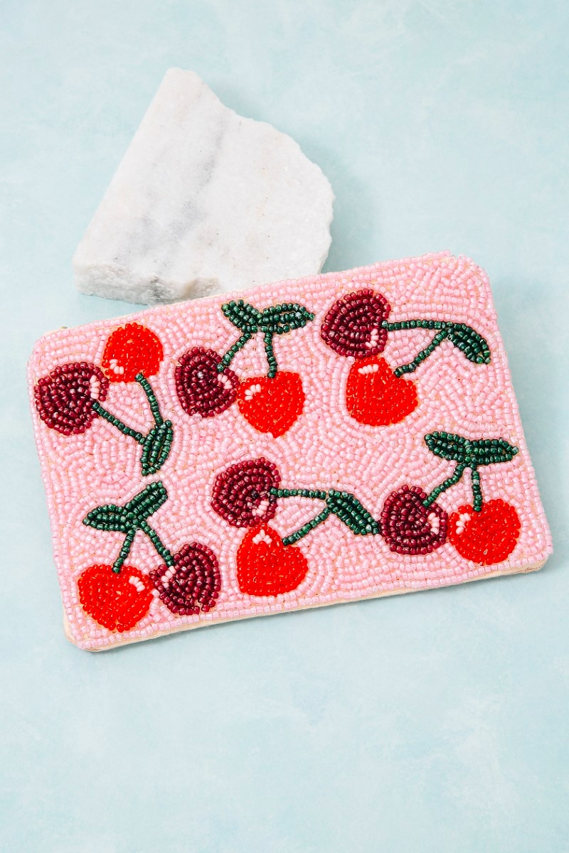 Two Tone Cherries Seed Beaded Coin Purse