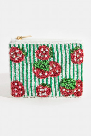 Stripes And Strawberry Fruit Seed Beaded Coin Purse