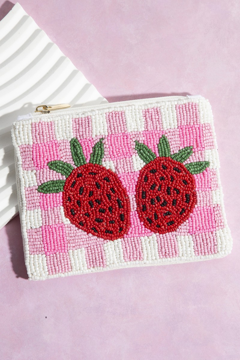 Seed Beaded Double Strawberry Coin Purse