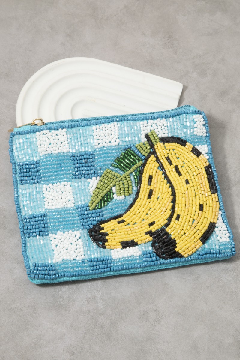 Plaid Pattern And Bananas Seed Beaded Coin Purse