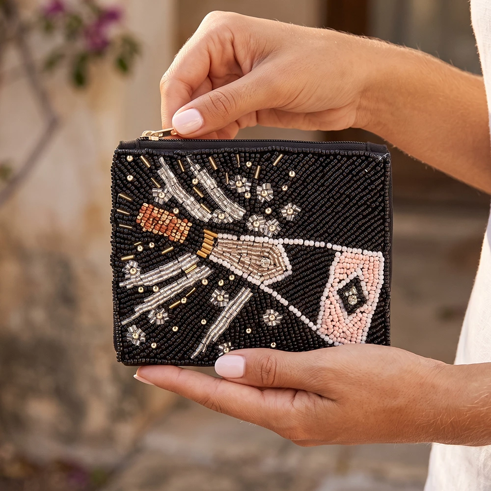 Beaded Champagne Bottle Pop Coin Pouch