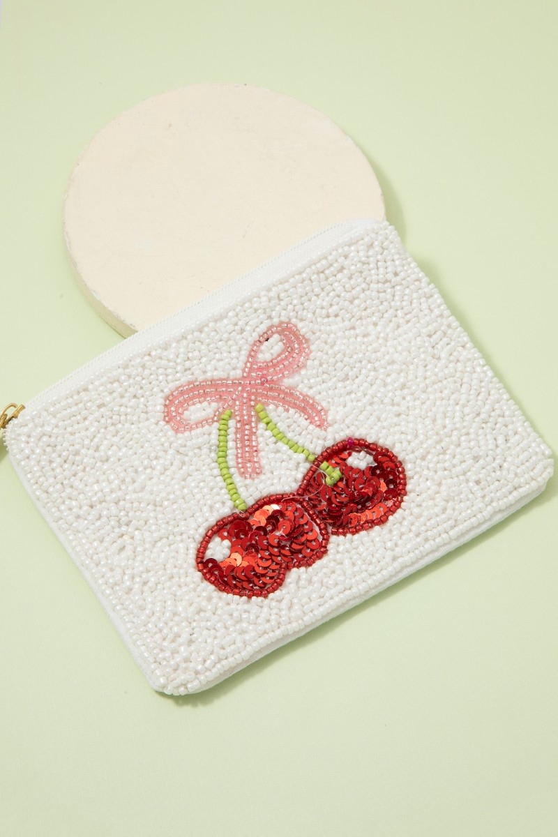 Cherry And Ribbon Bow Seed Beaded Coin Purse