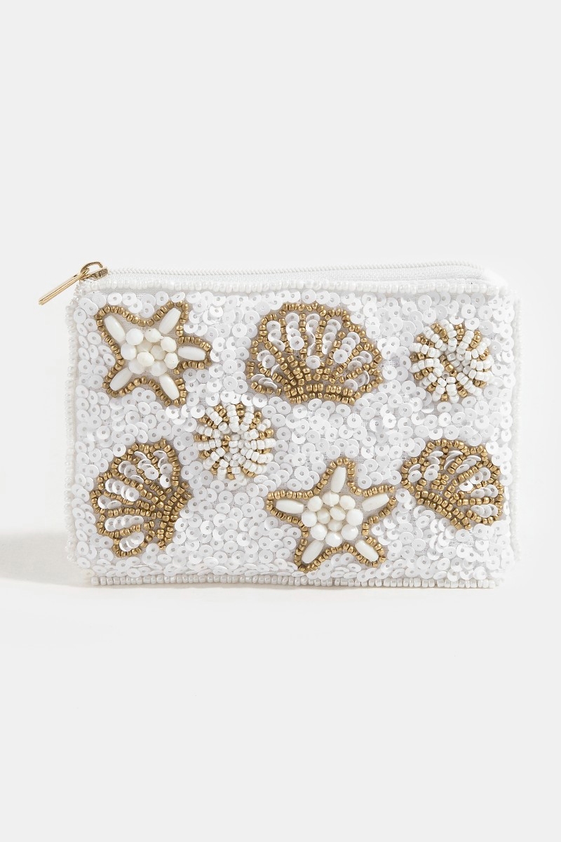Starfish Clams And Sea Life Seed Beaded Coin Purse