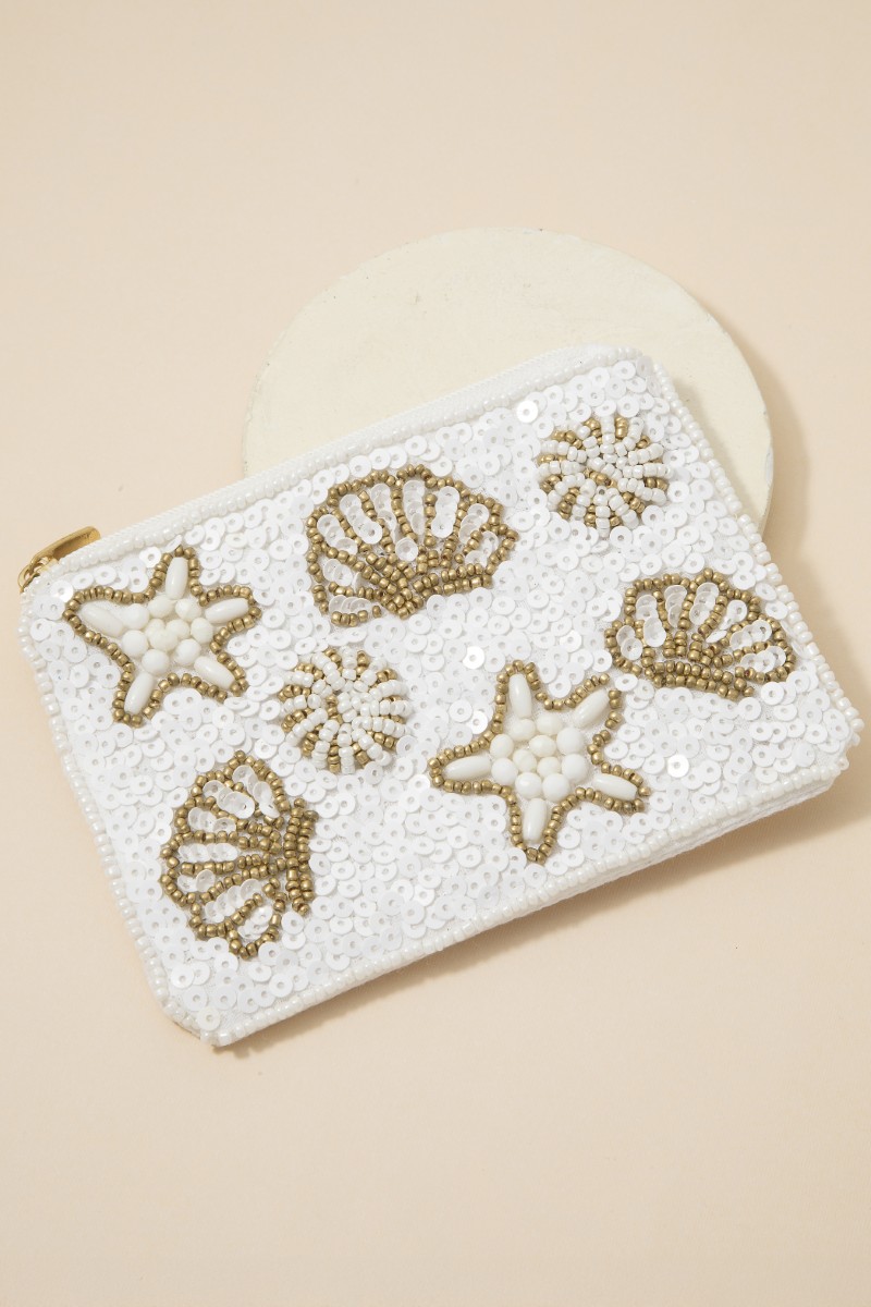Starfish Clams And Sea Life Seed Beaded Coin Purse