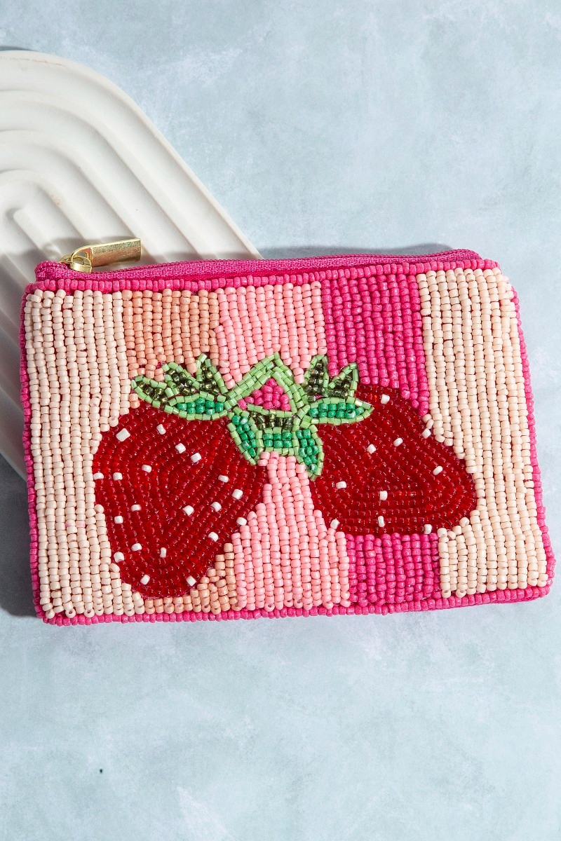 Double Strawberry Striped Seed Beaded Coin Purse