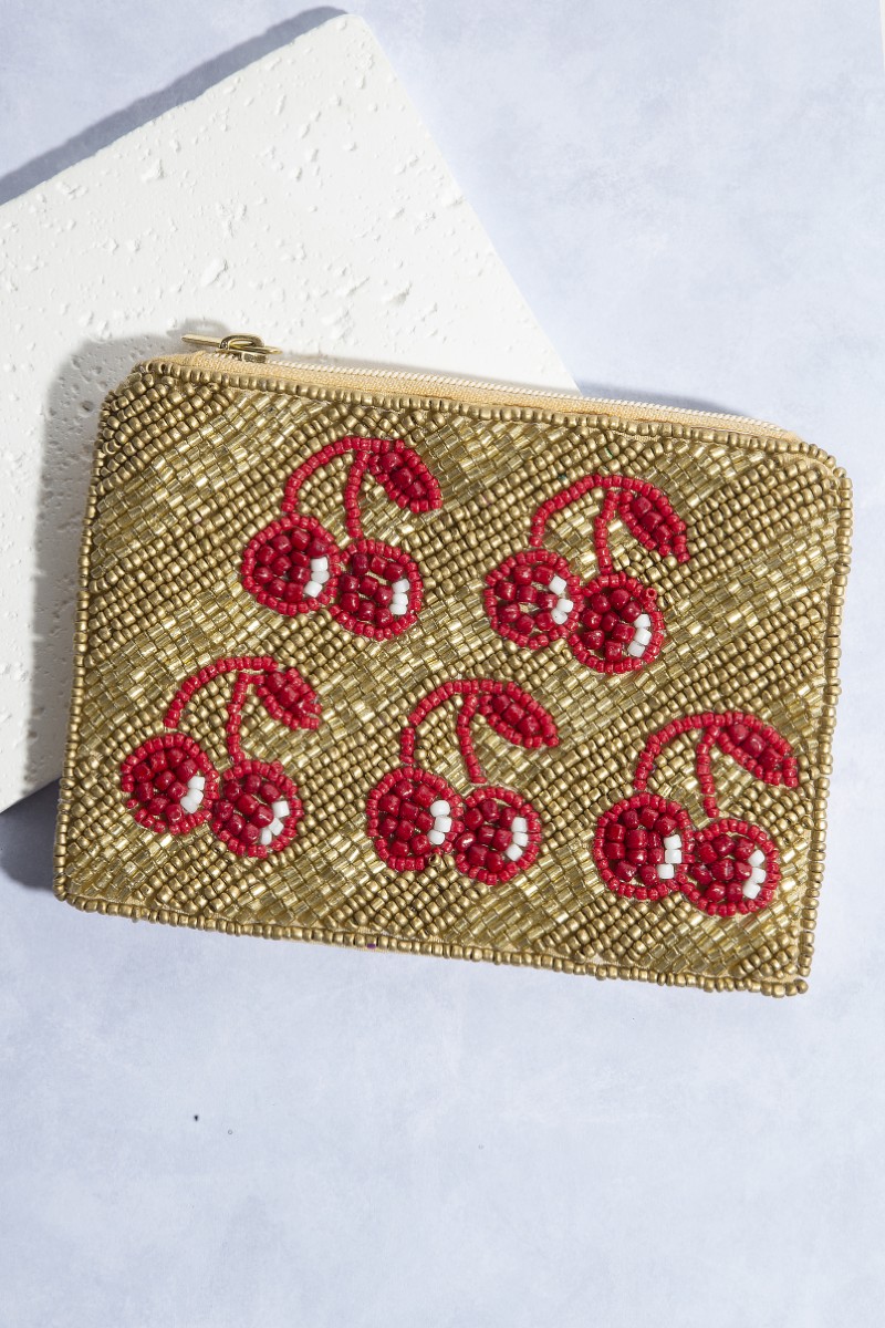 Seed Beaded Multi Cherry Fruit Coin Purse