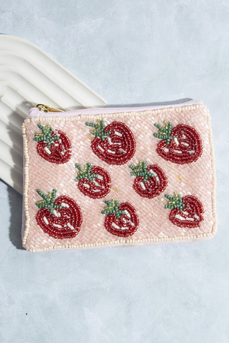 Strawberry Themed Seed Beaded Coin Purse