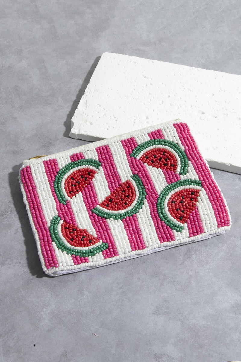 Seed Beaded Striped Watermelon Fruit Coin Purse