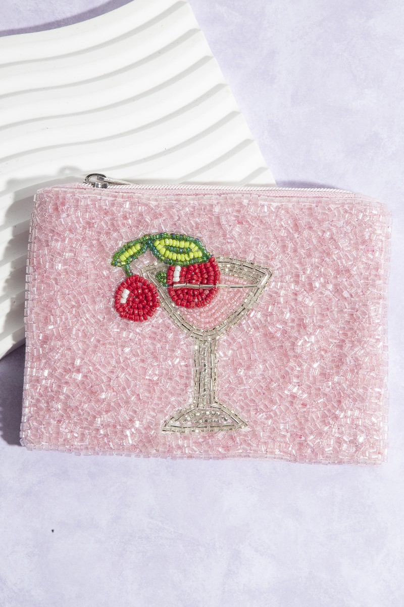Cherry Glass Martini Beaded Coin Purse
