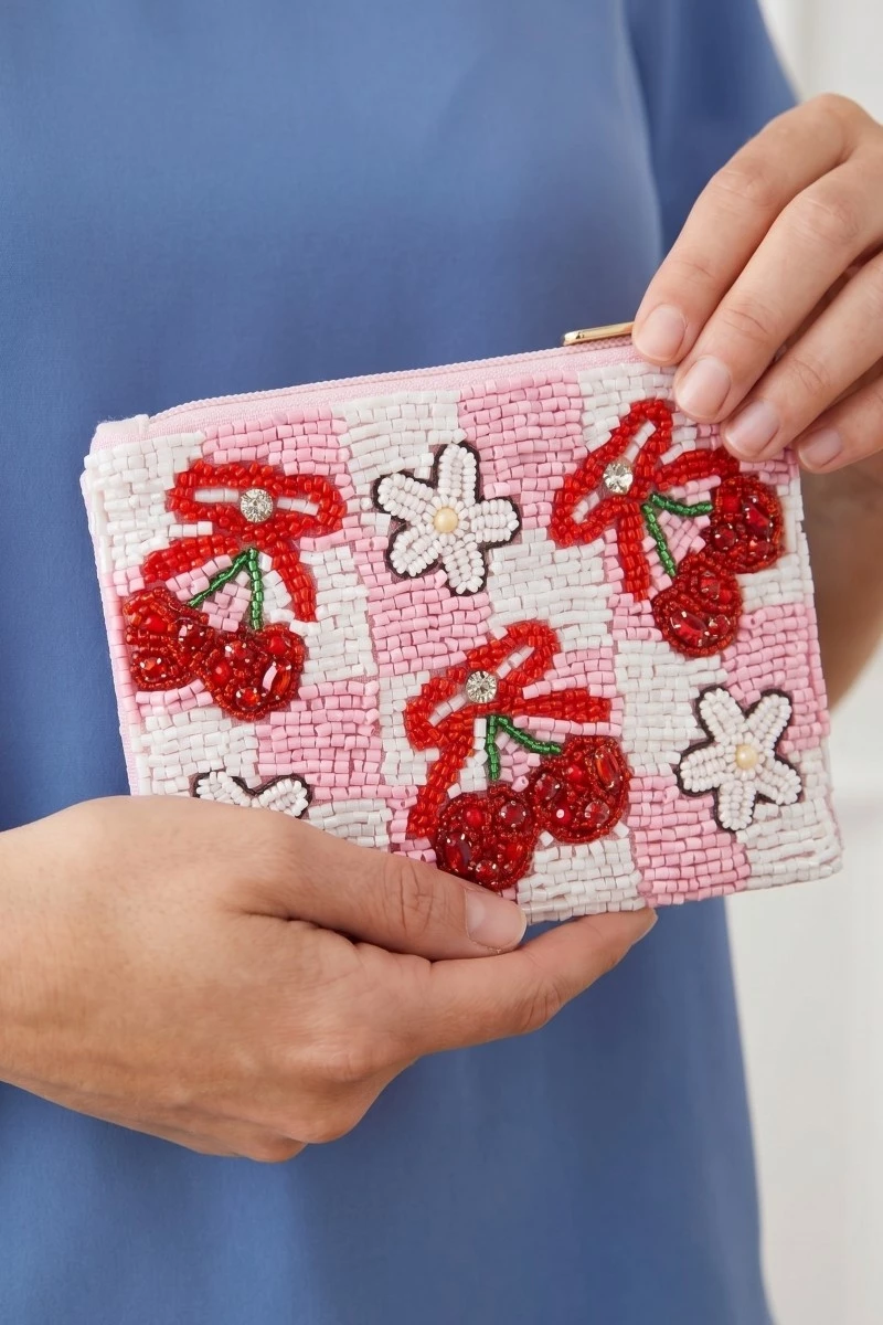 Cherry Fruit And Flower Checkered Seed Beaded Coin Purse