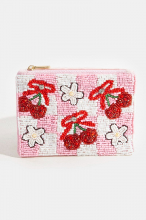 Cherry Fruit And Flower Checkered Seed Beaded Coin Purse
