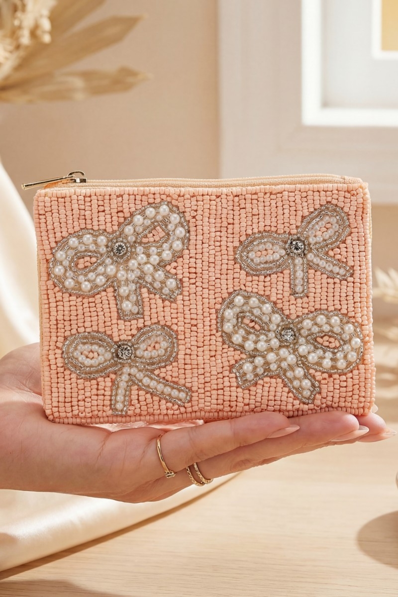 Pearl And Gems Studded Bows Seed Beaded Coin Purse