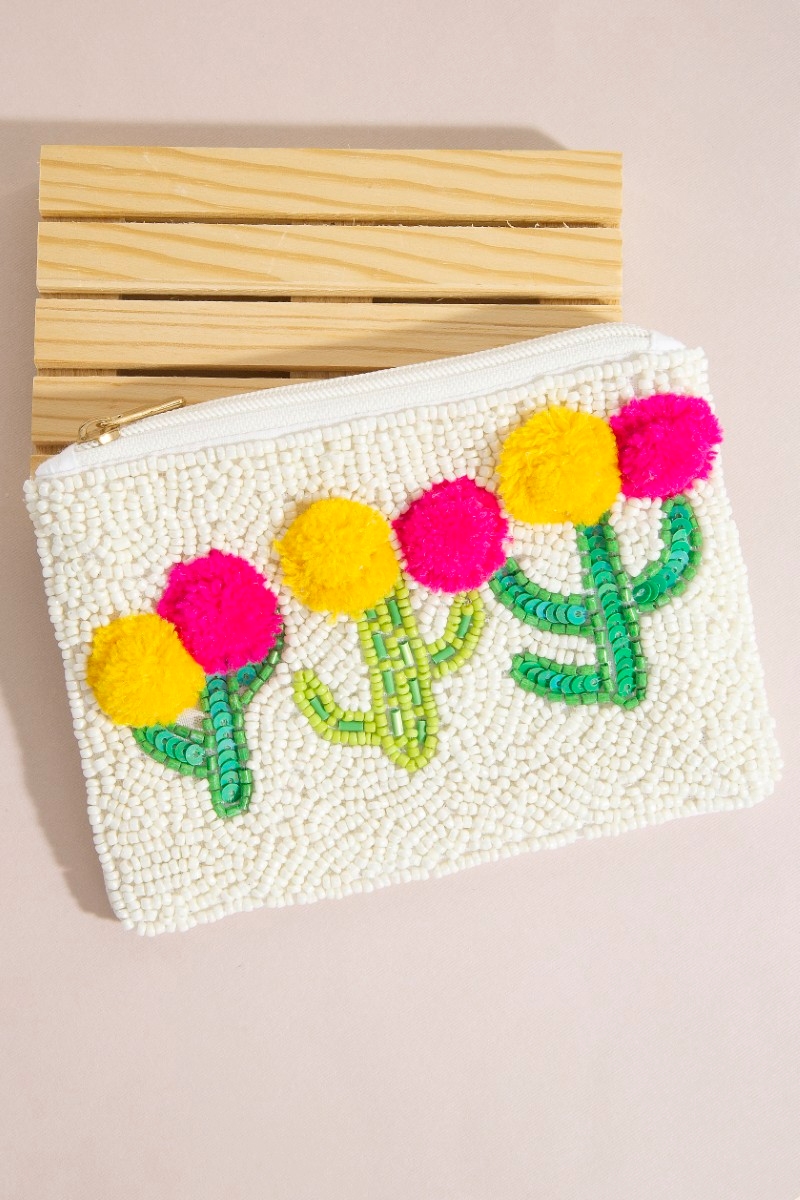 Fuzzy Cactus Flowers Seed Beaded Coin Purse