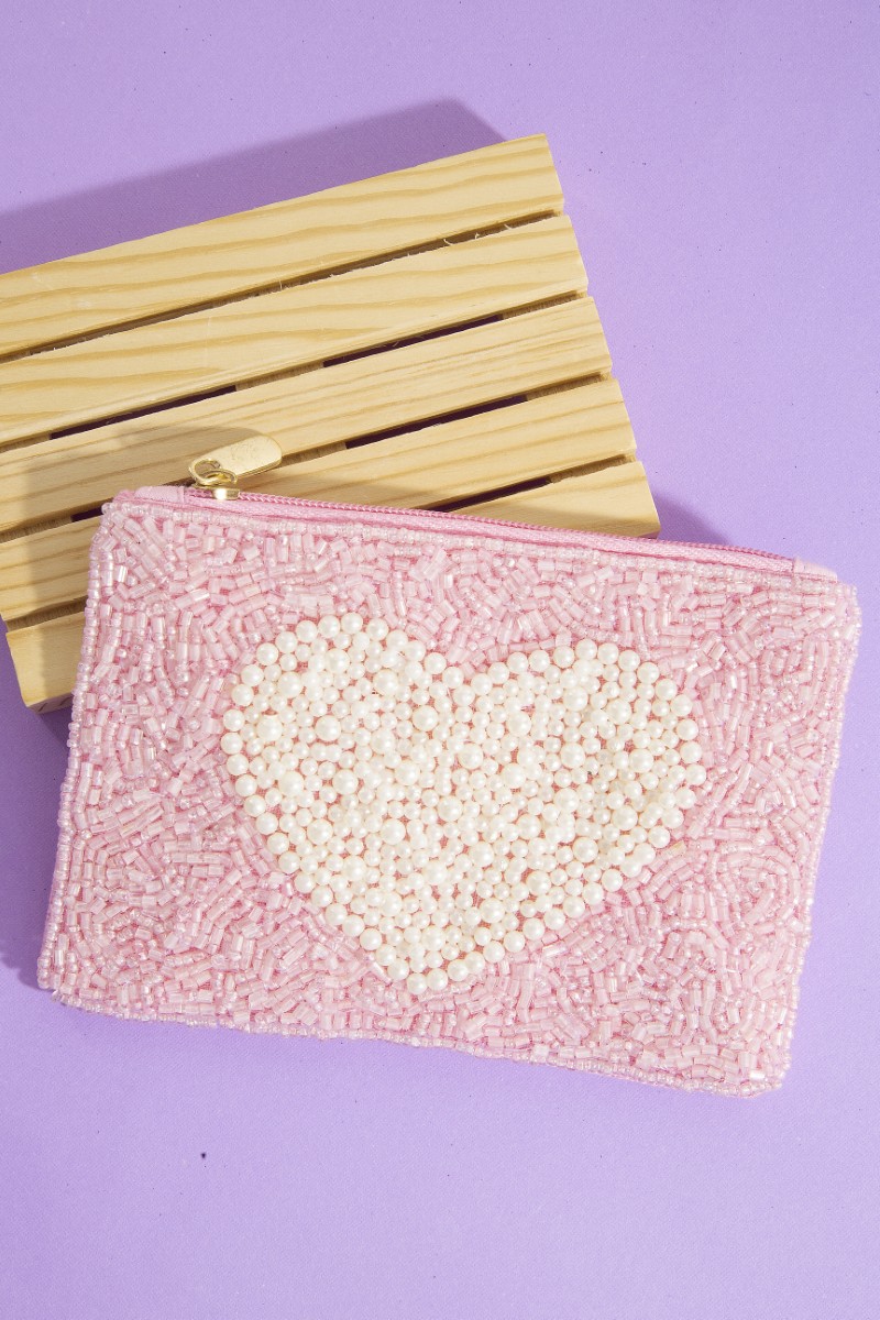 Pearl Heart Seed Beaded Coin Purse