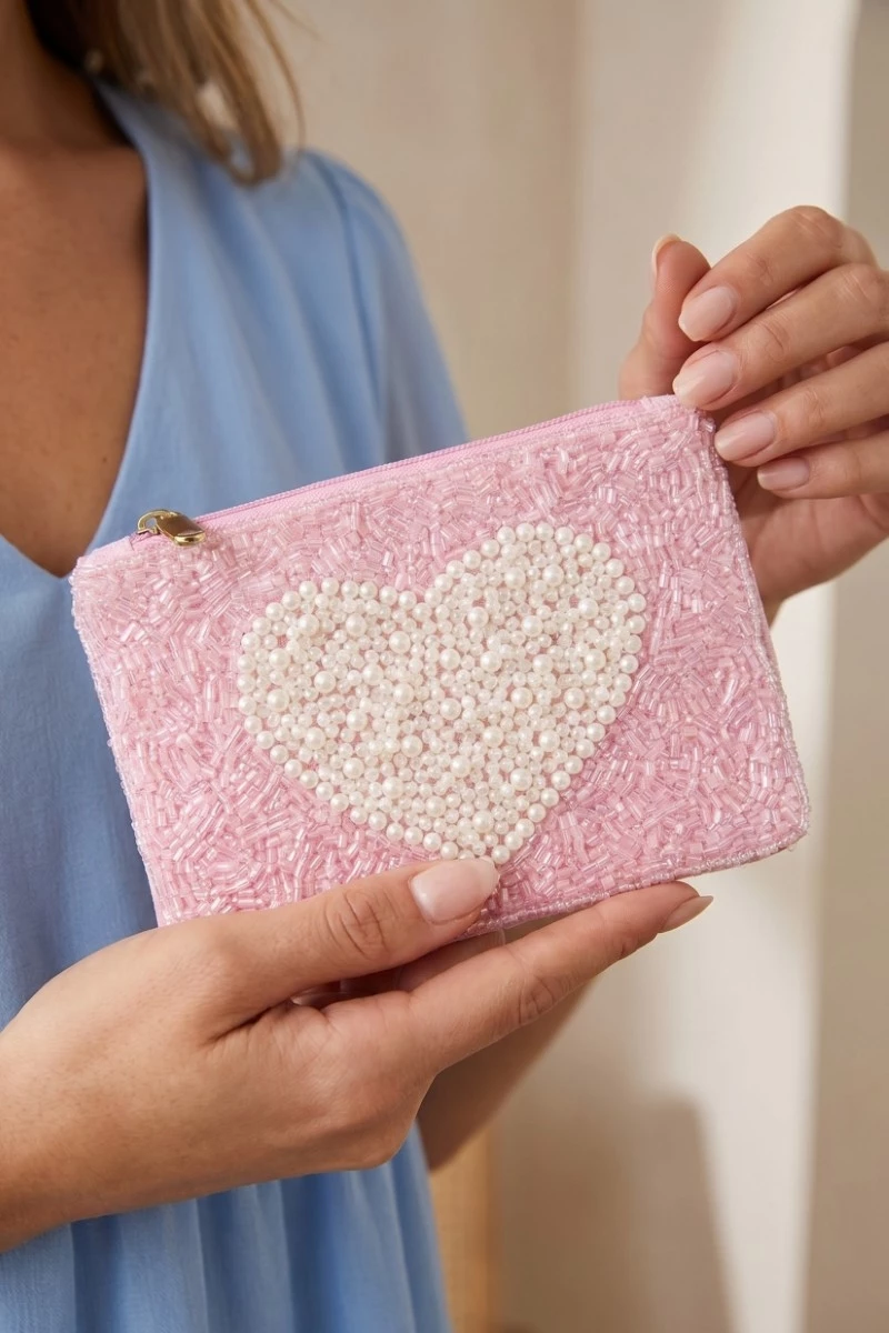 Pearl Heart Seed Beaded Coin Purse