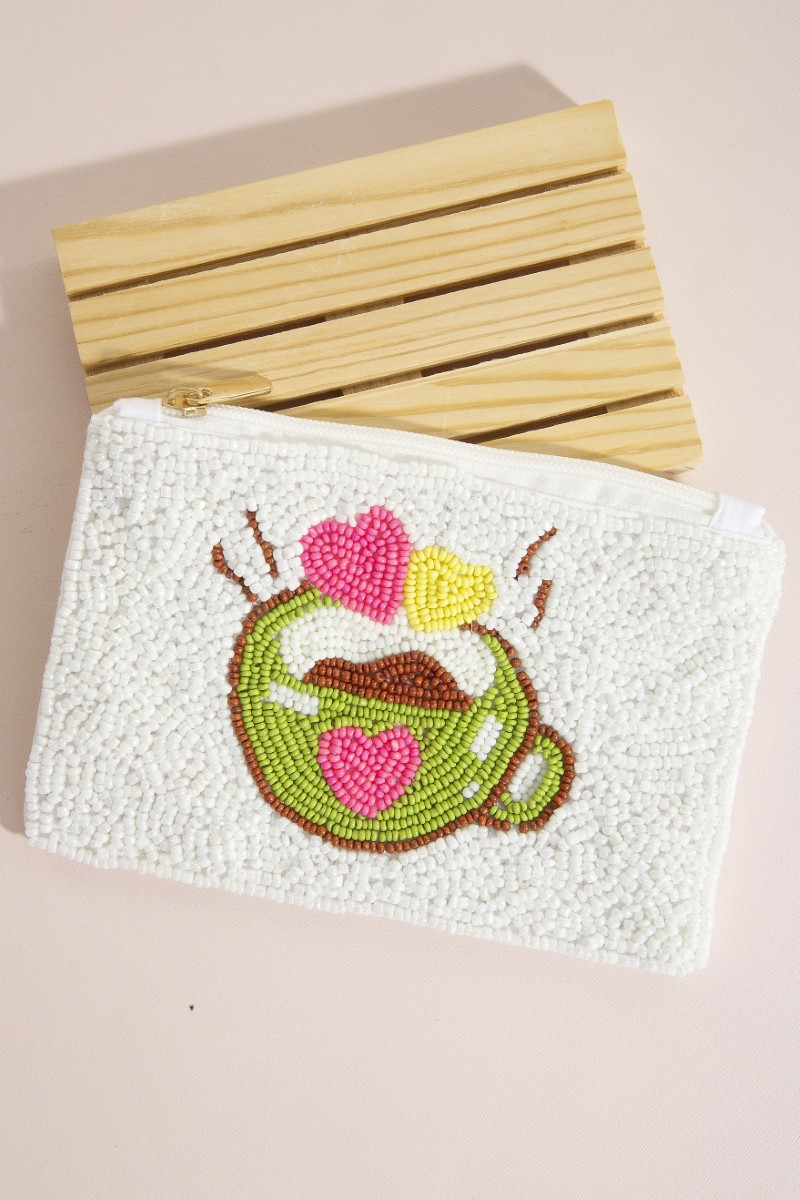Steamy Latte Cup With Hearts Seed Beaded Coin Purse