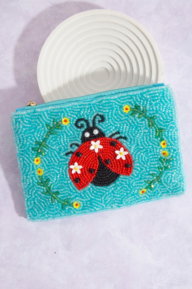 Floral Lady Bug Seed Beaded Coin Purse