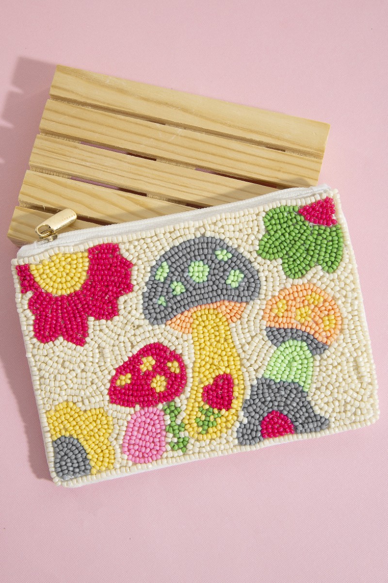 Mushroom And Flowers Seed Beaded Coin Purse