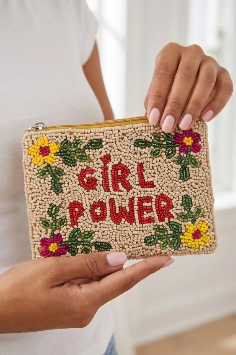 Floral Border Girl Power Seed Beaded Coin Purse