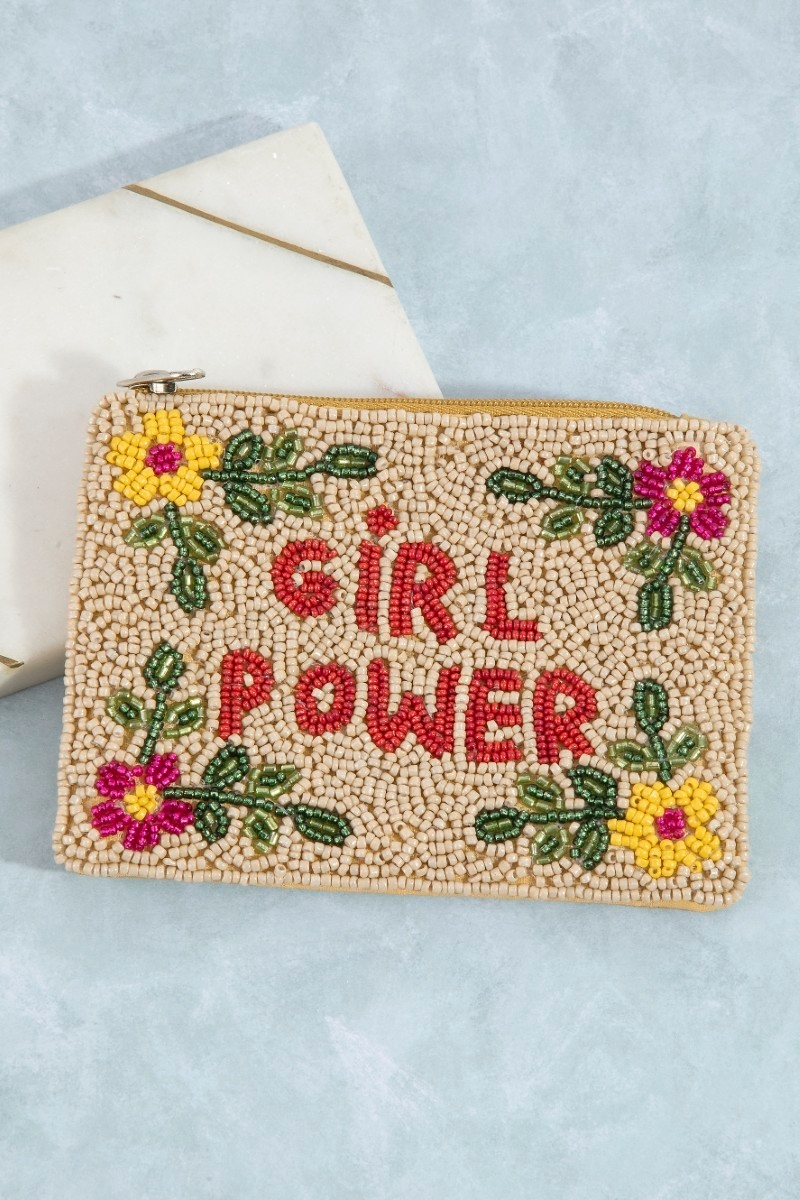 Floral Border Girl Power Seed Beaded Coin Purse