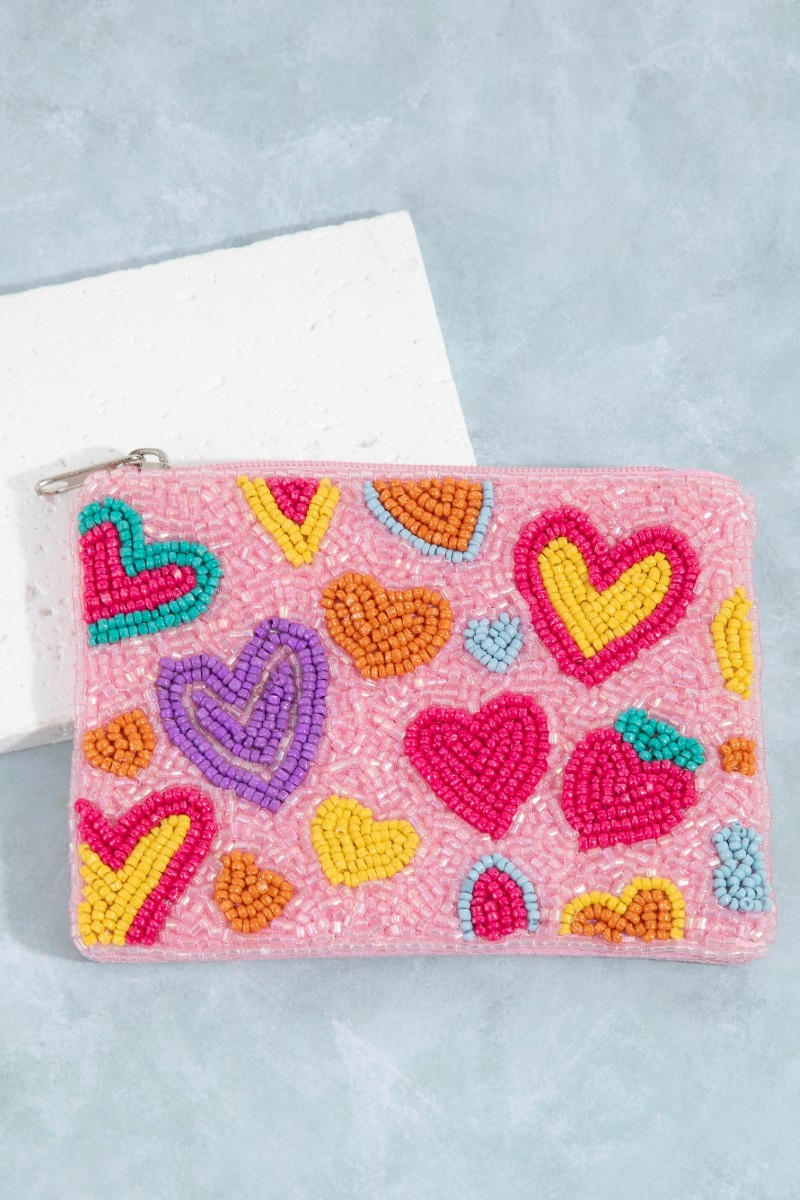 Groovy Vibrant Hearts Seed Beaded Coin Purse