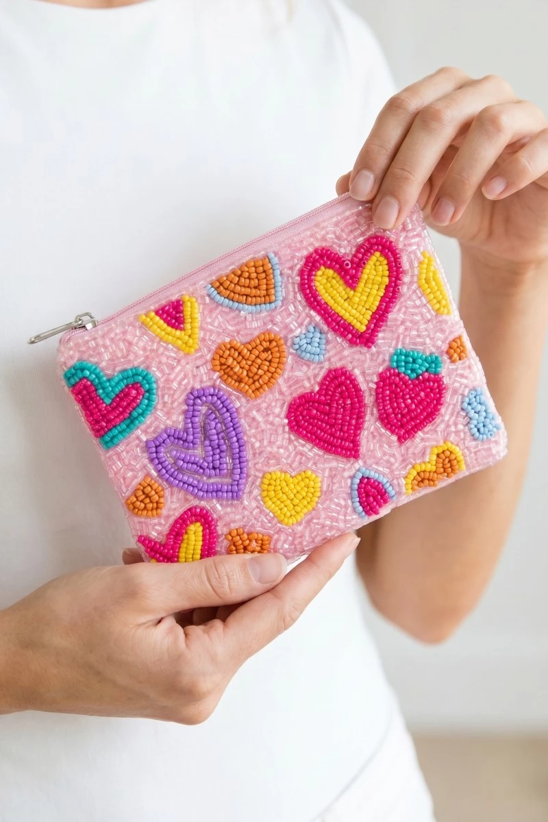 Groovy Vibrant Hearts Seed Beaded Coin Purse