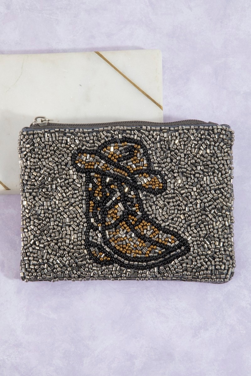 Metallic Seed Beaded Cowboy Boots And Hat Coin Purse