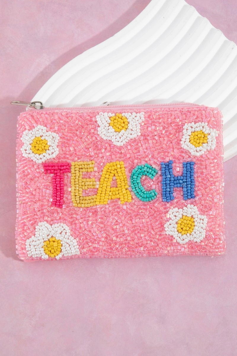 Floral Teach Seed Beaded Coin Purse