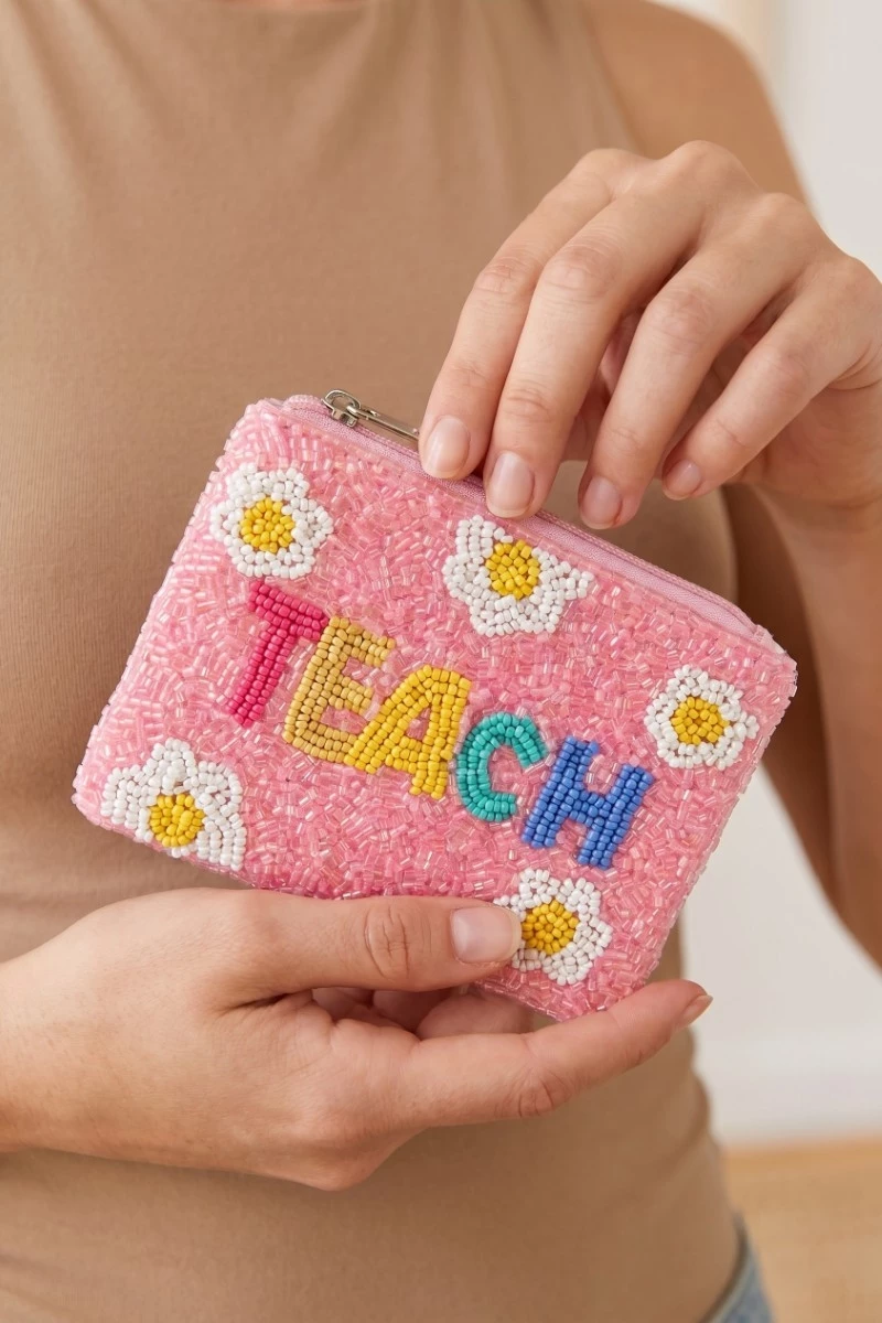 Floral Teach Seed Beaded Coin Purse
