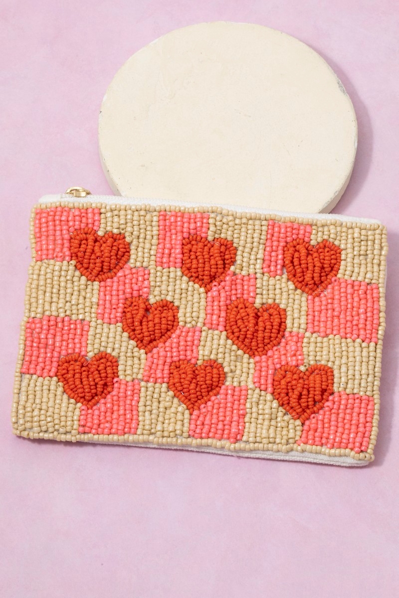 Hearts Checkered Seed Beaded Coin Purse