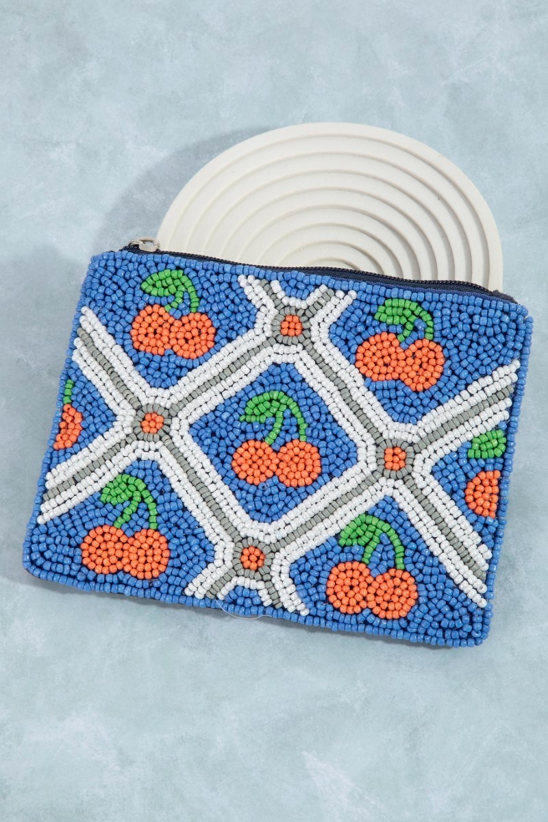 Cherry Mosaic Seed Beaded Coin Purse