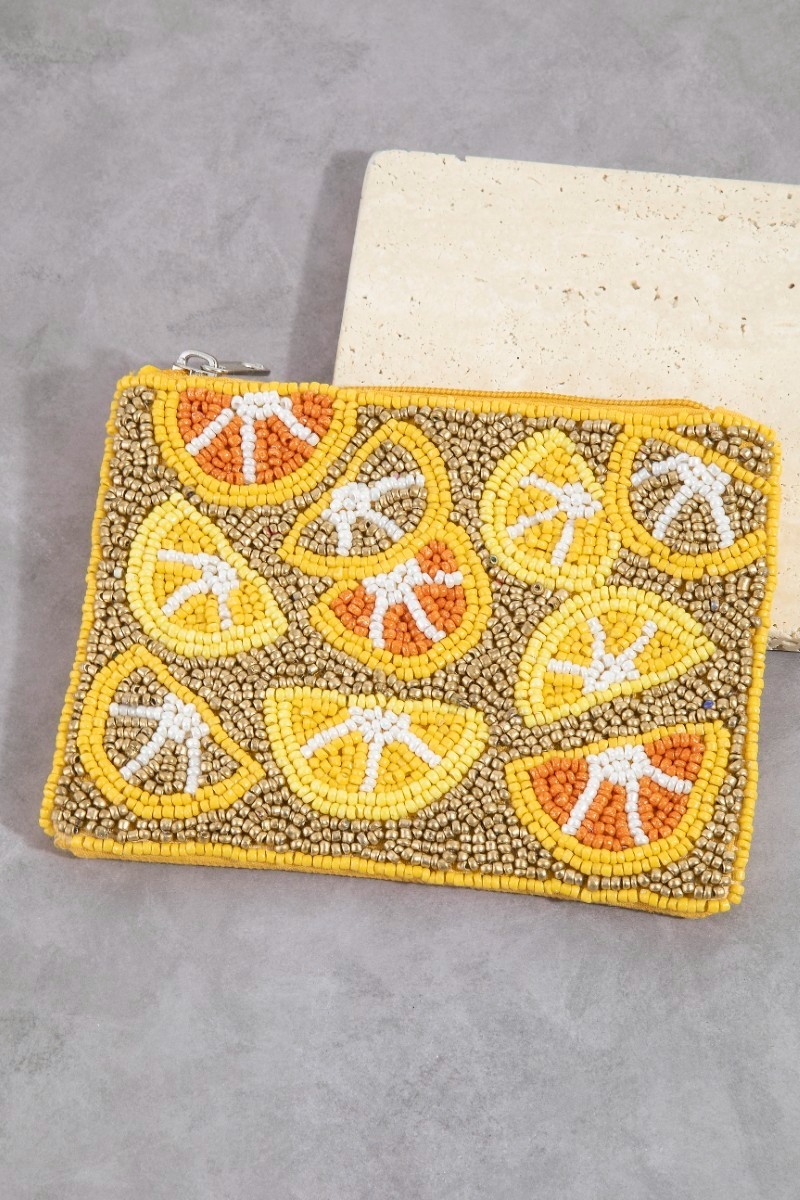 Mixed Citrus Fruit Slices Seed Beaded Coin Purse